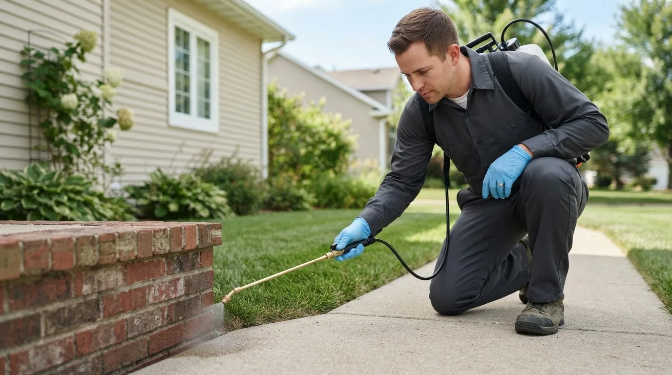 Pest control technician treating a home near Lynnville, IN