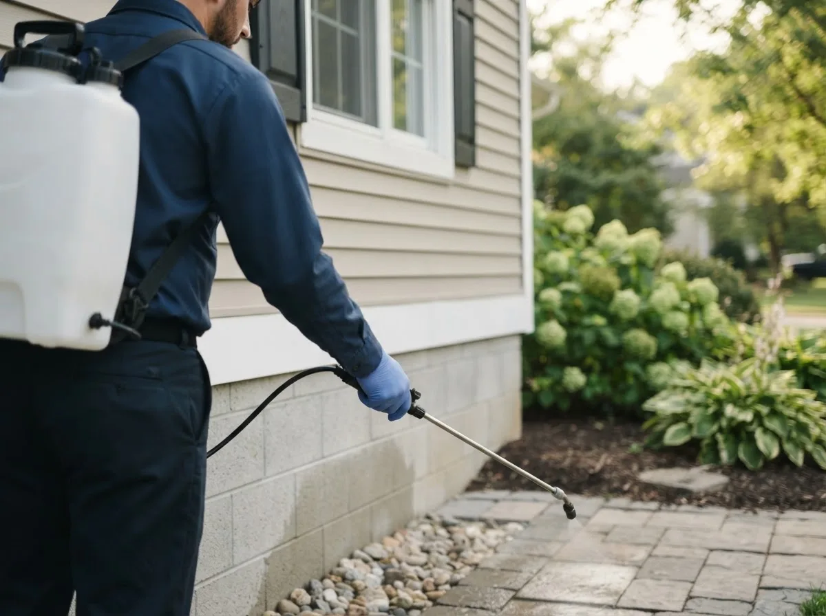 Pest control technician inspecting a home in Lynnville, IN